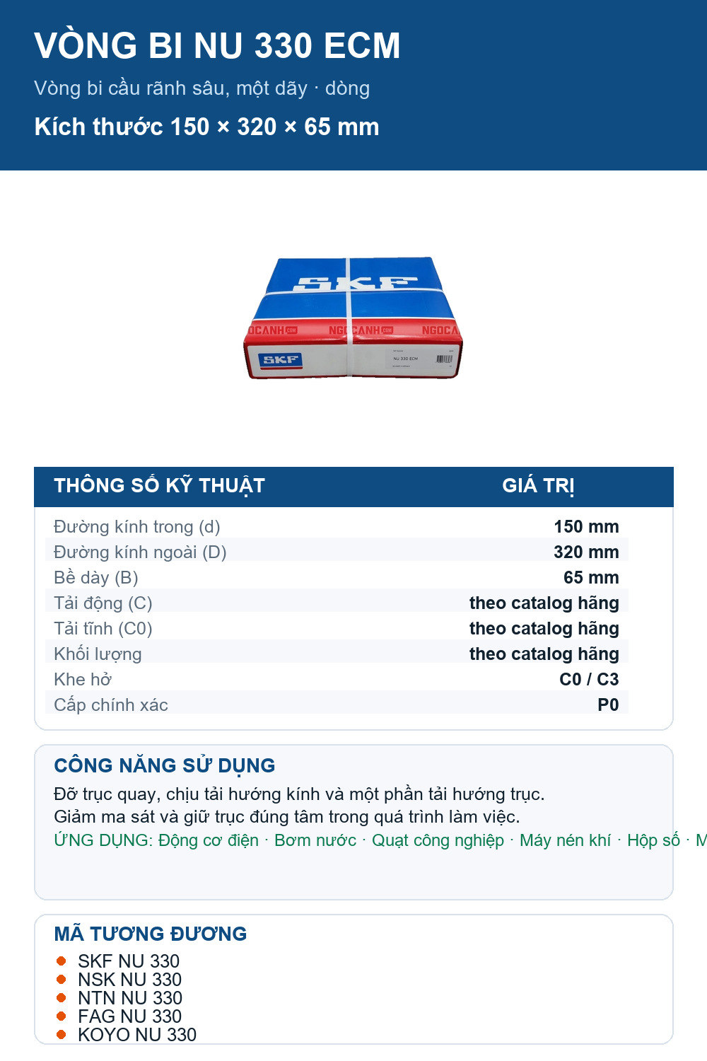 Vòng bi SKF NU 330 ECM 150x320x65mm — Ảnh thông số (Pinterest)