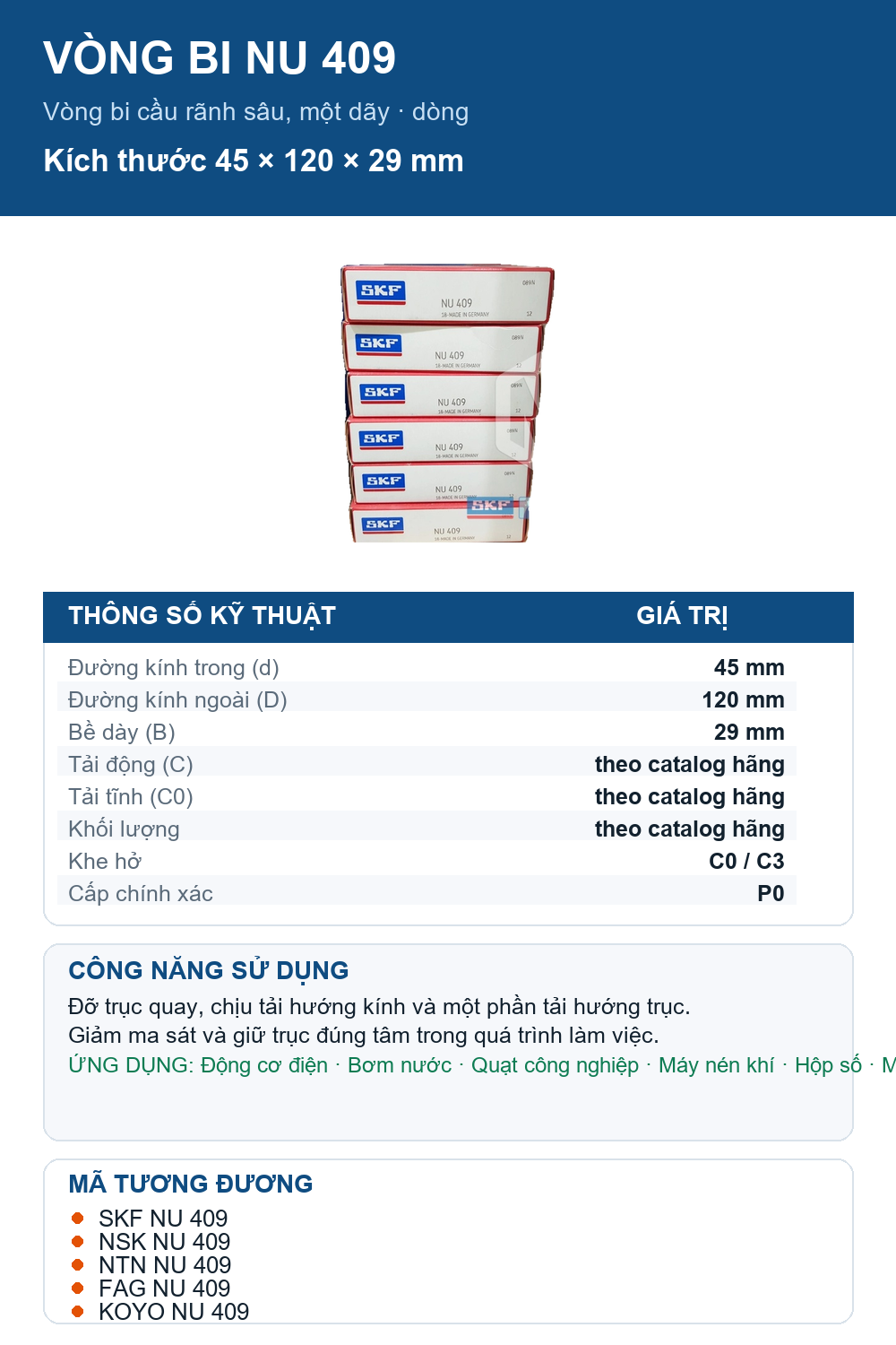 Vòng bi SKF NU 409 45x120x29mm — Ảnh thông số (Pinterest)