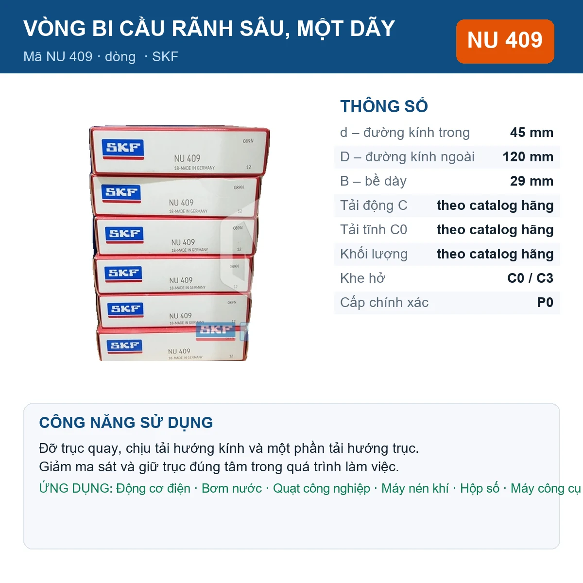 Vòng bi SKF NU 409 45x120x29mm — Ảnh đăng sản phẩm (web)
