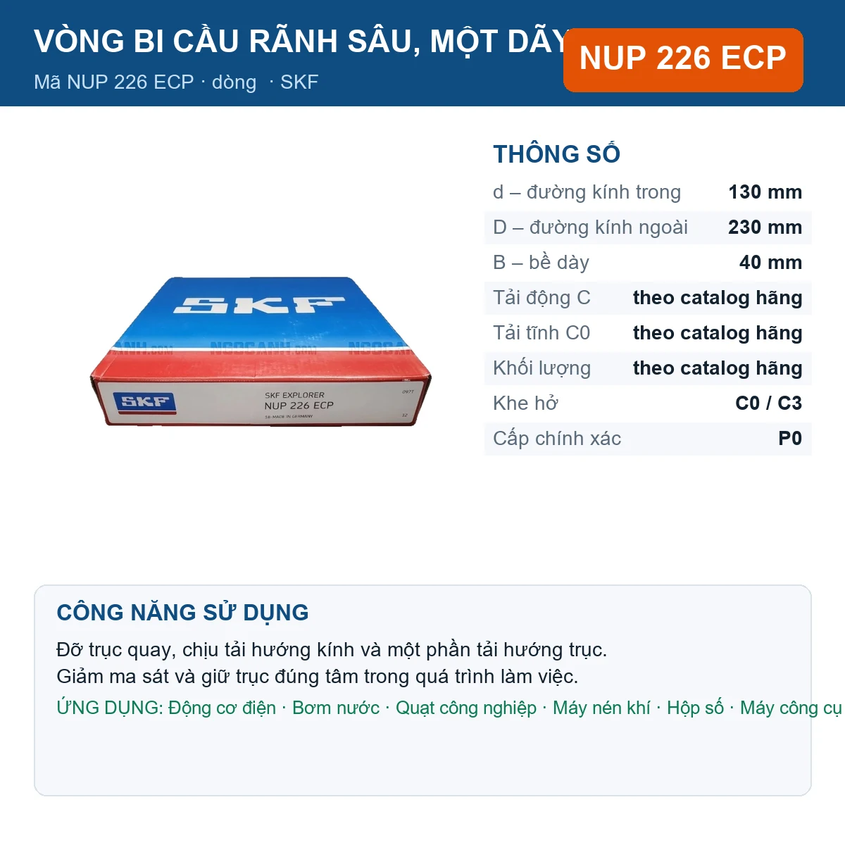 Vòng bi SKF NUP 226 ECP 130x230x40mm — Ảnh đăng sản phẩm (web)
