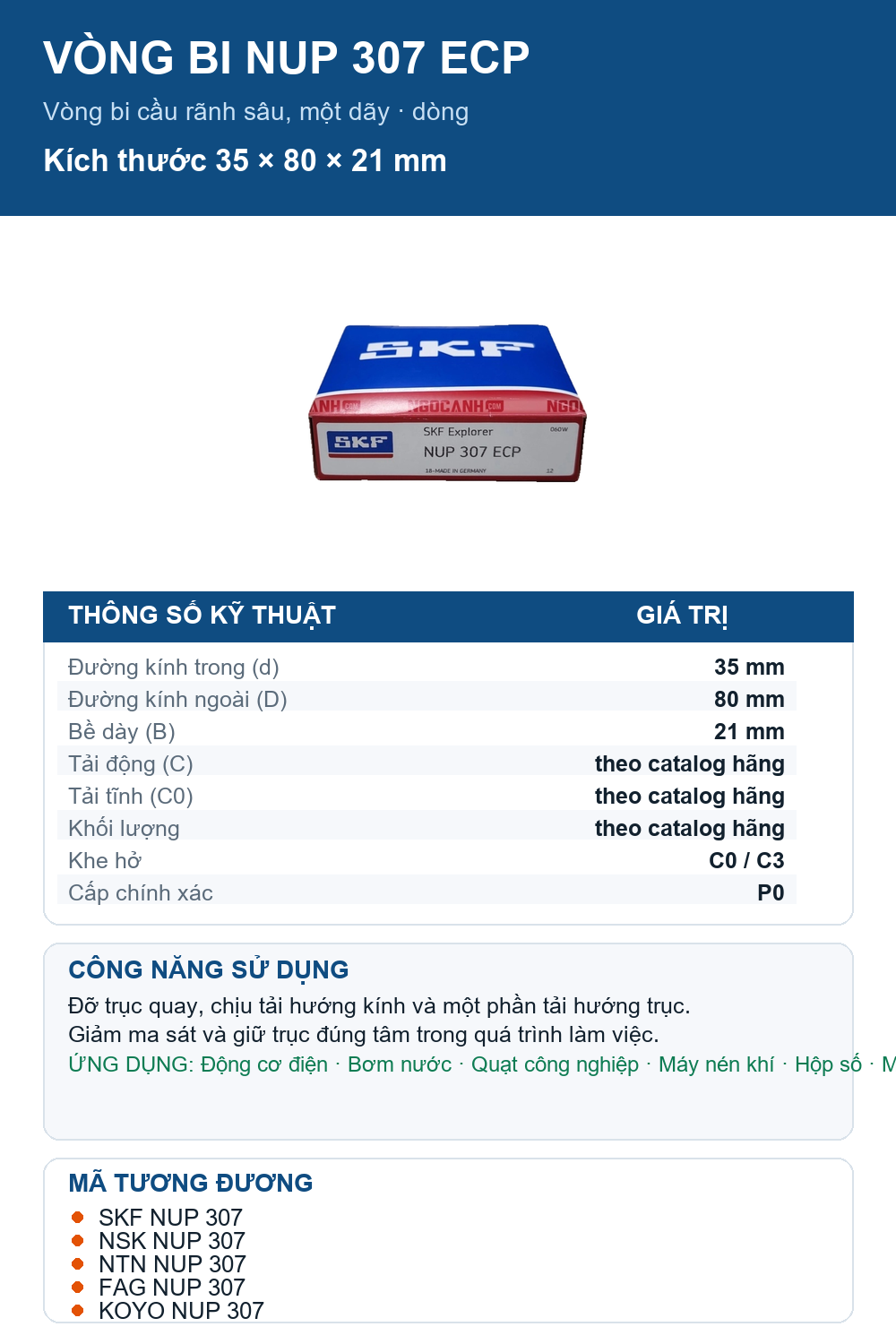Vòng bi SKF NUP 307 ECP 35x80x21mm — Ảnh thông số (Pinterest)
