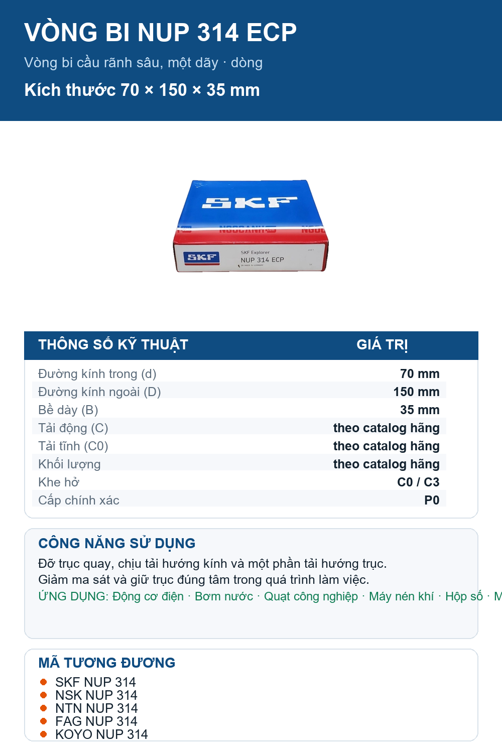 Vòng bi SKF NUP 314 ECP 70x150x35mm — Ảnh thông số (Pinterest)