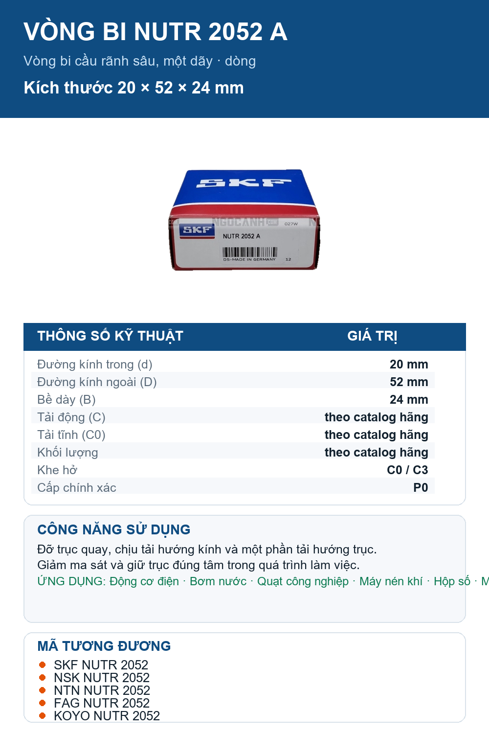 Vòng bi SKF NUTR 2052 A 20x52x24mm — Ảnh thông số (Pinterest)