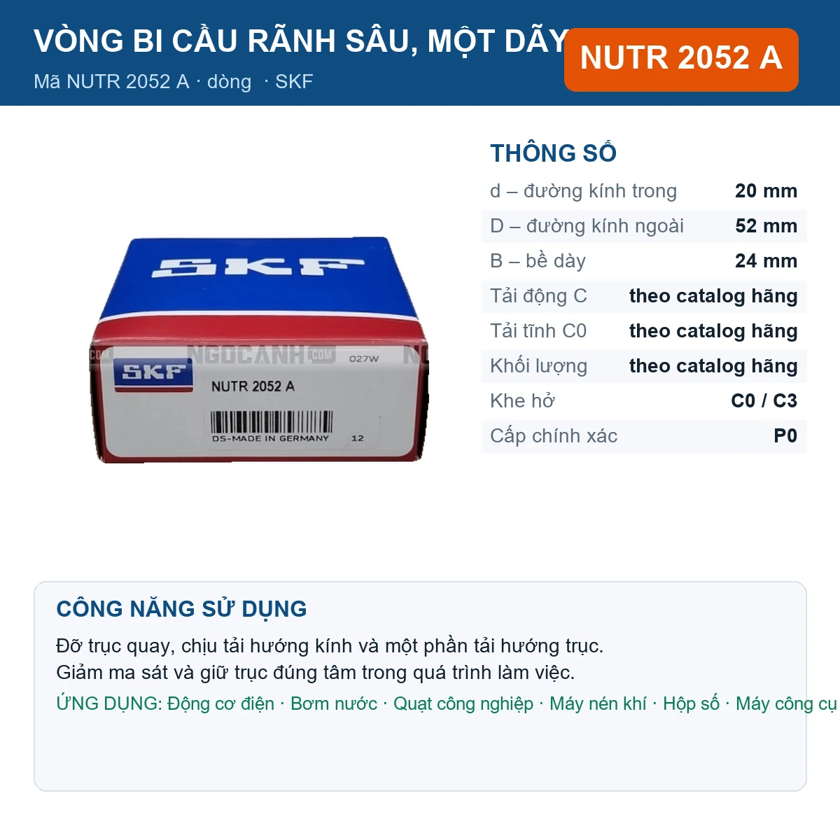 Vòng bi SKF NUTR 2052 A 20x52x24mm — Ảnh đăng sản phẩm (web)