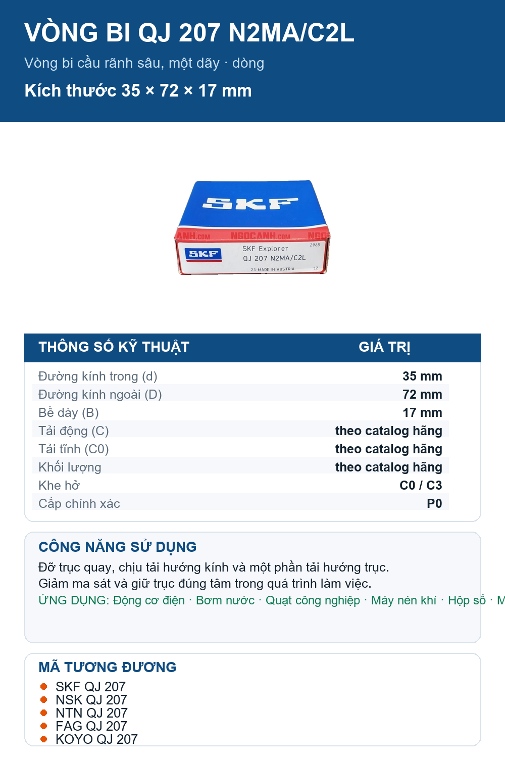 Vòng bi SKF QJ 207 N2MA/C2L 35x72x17mm — Ảnh thông số (Pinterest)