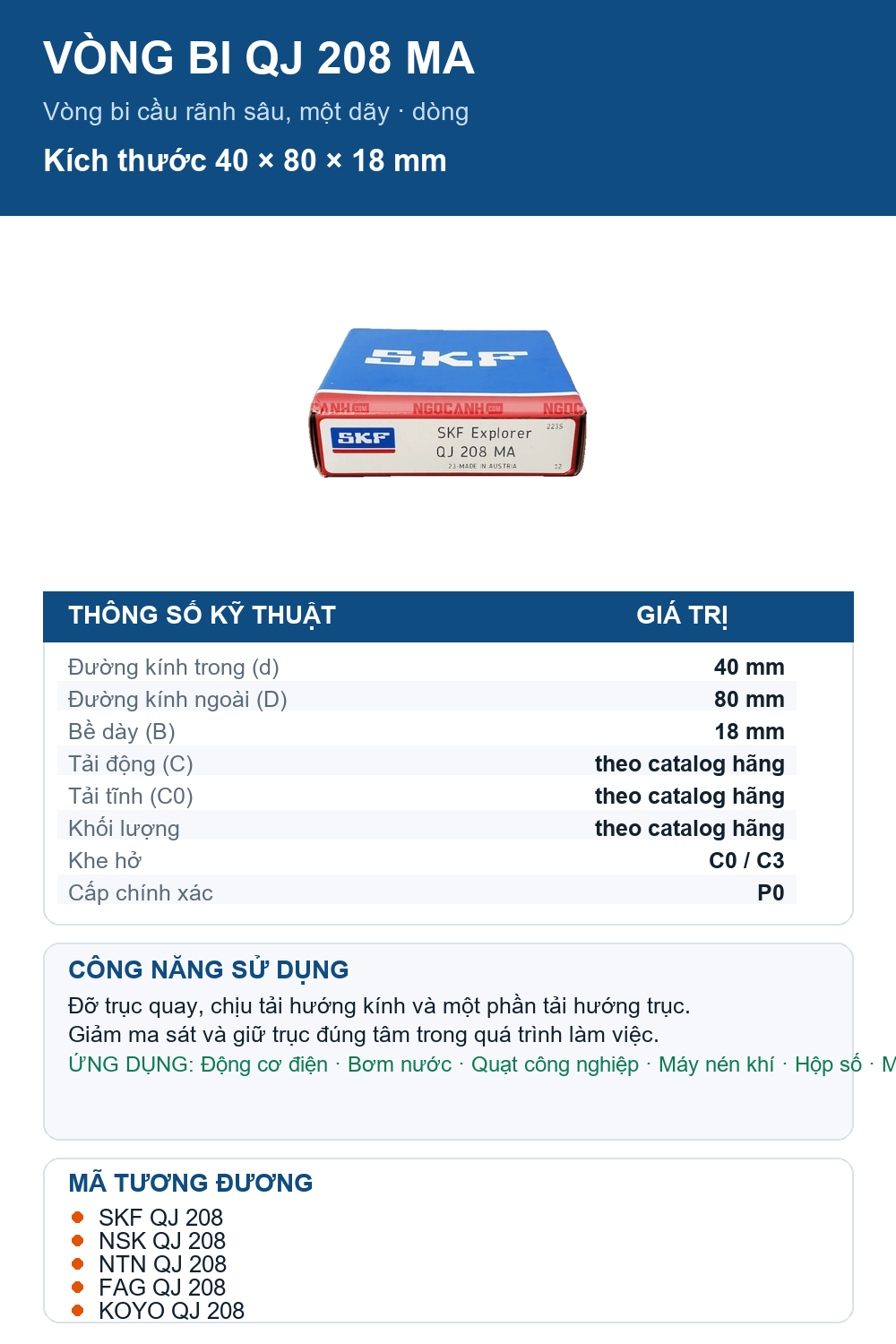 Vòng bi SKF QJ 208 MA 40x80x18mm — Ảnh thông số (Pinterest)