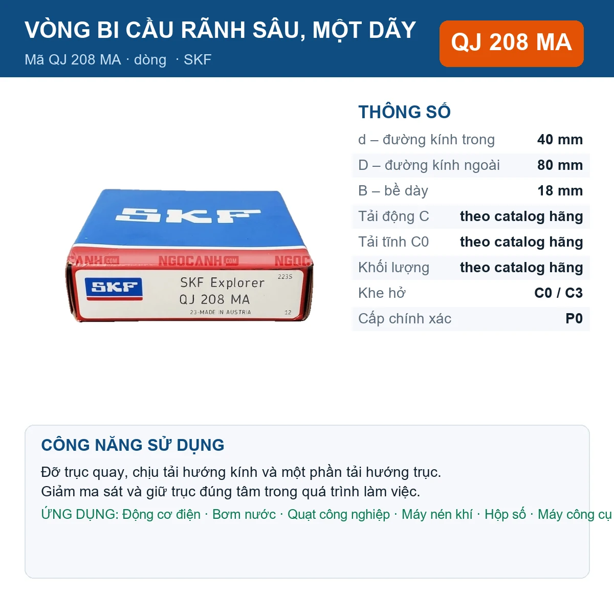 Vòng bi SKF QJ 208 MA 40x80x18mm — Ảnh đăng sản phẩm (web)