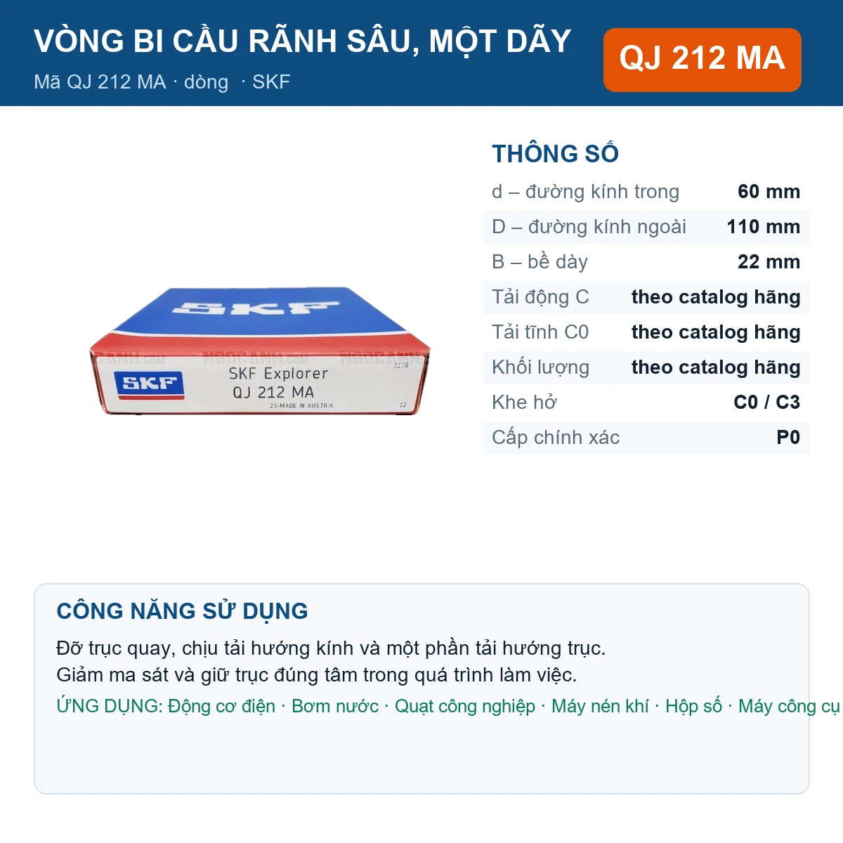 Vòng bi SKF QJ 212 MA 60x110x22mm — Ảnh đăng sản phẩm (web)