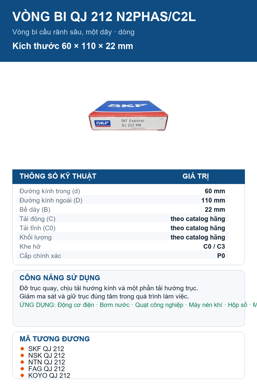 Vòng bi SKF QJ 212 N2PHAS/C2L 60x110x22mm — Ảnh thông số (Pinterest)