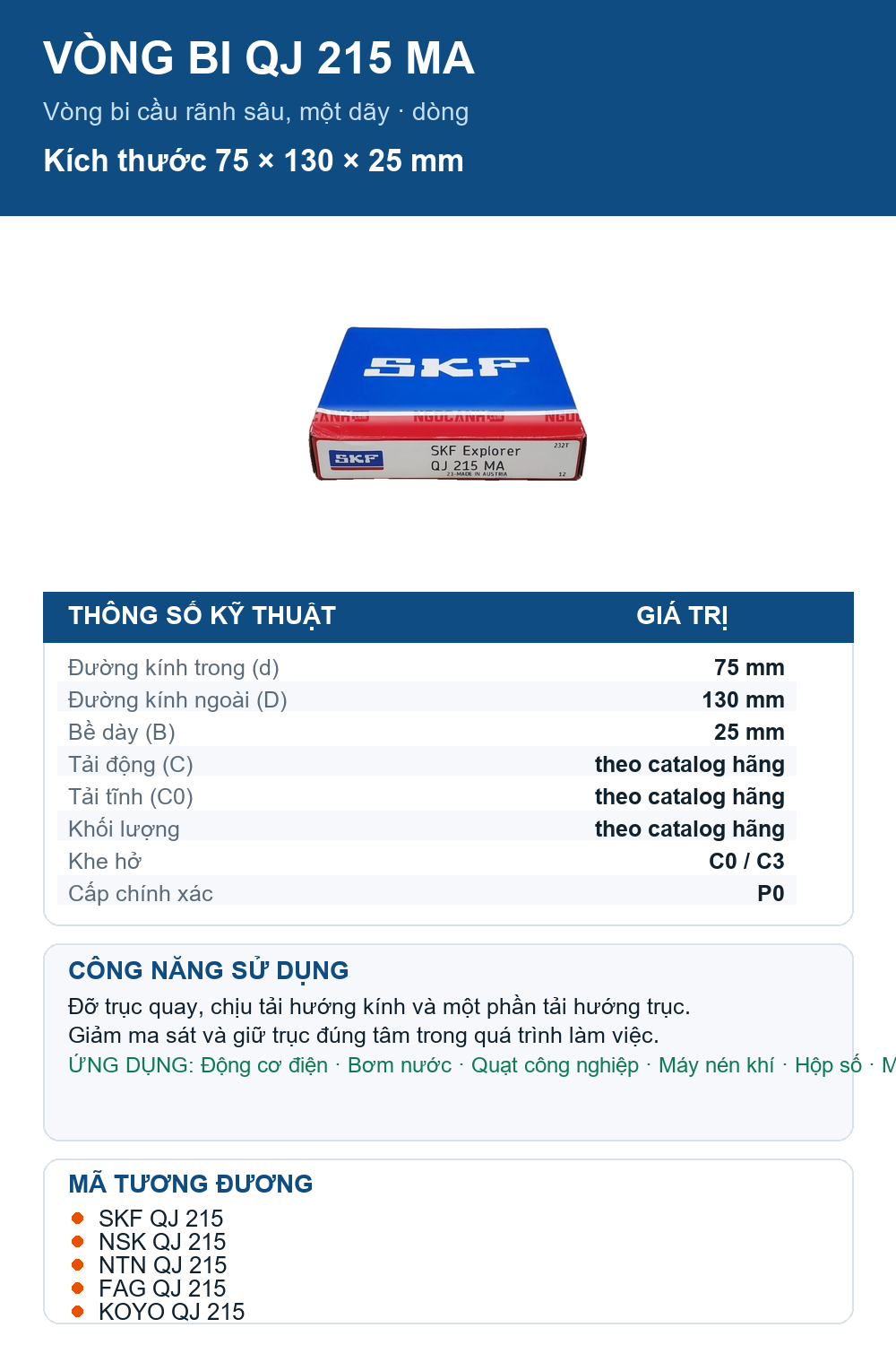 Vòng bi SKF QJ 215 MA 75x130x25mm — Ảnh thông số (Pinterest)