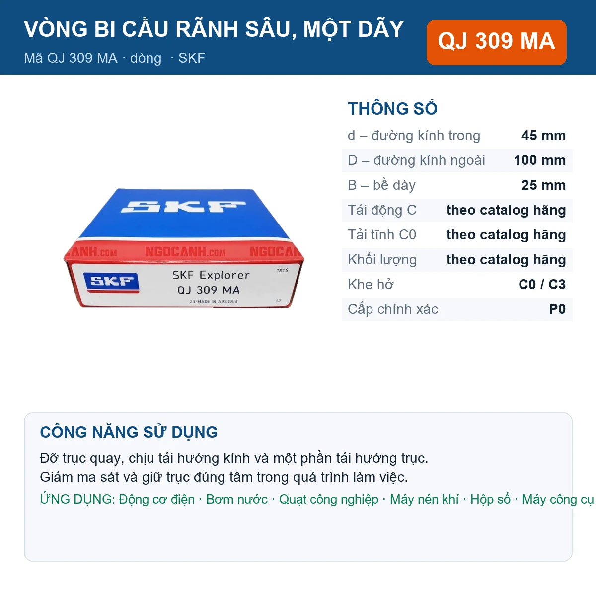 Vòng bi SKF QJ 309 MA 45x100x25mm — Ảnh đăng sản phẩm (web)