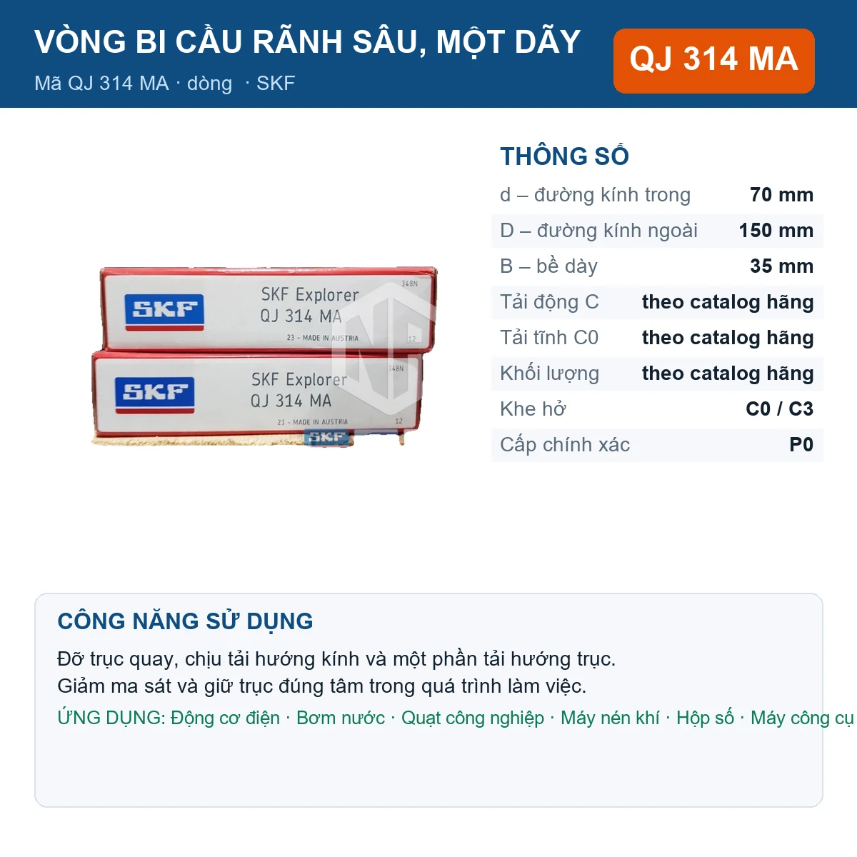 Vòng bi SKF QJ 314 MA 70x150x35mm — Ảnh đăng sản phẩm (web)