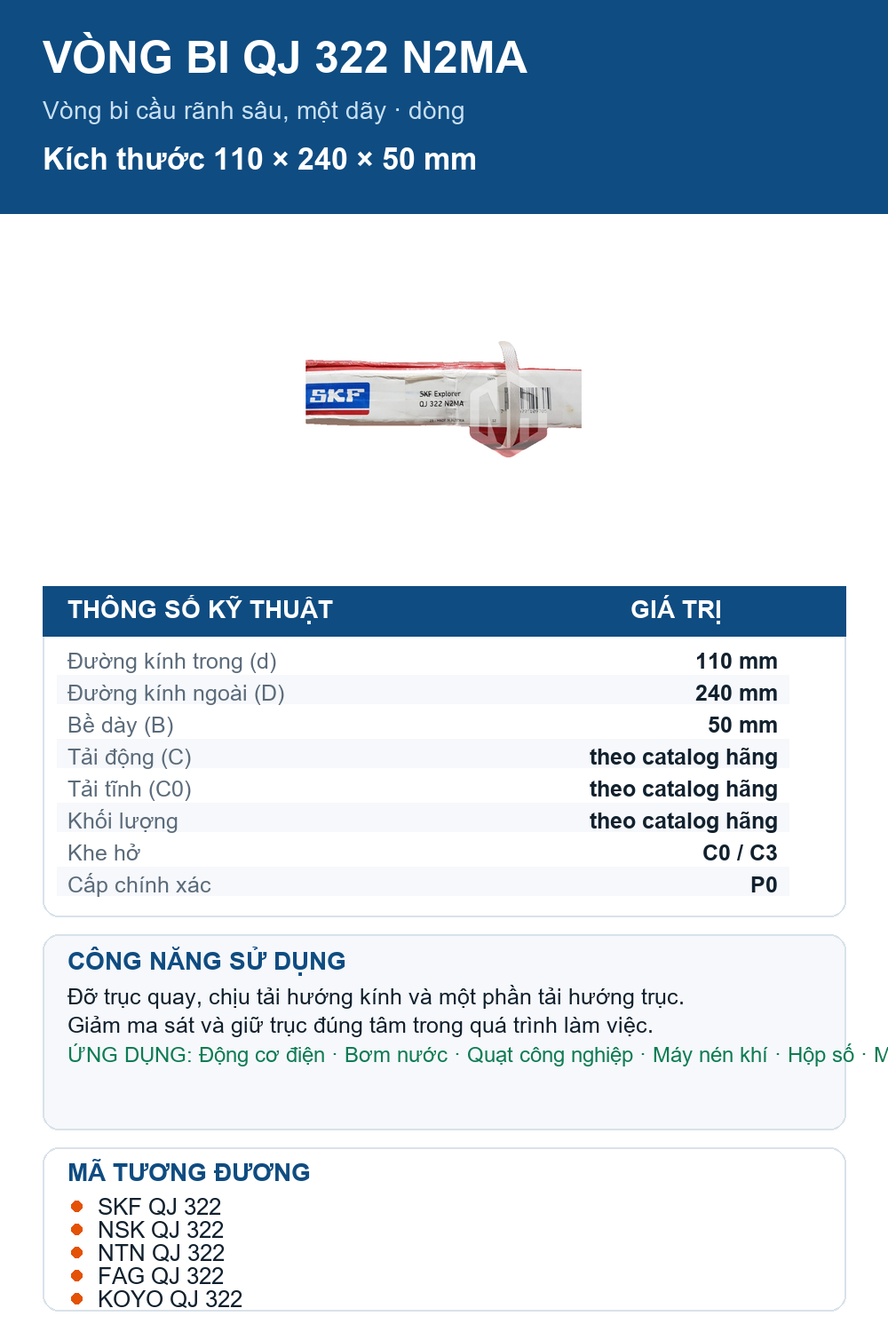 Vòng bi SKF QJ 322 N2MA 110x240x50mm — Ảnh thông số (Pinterest)