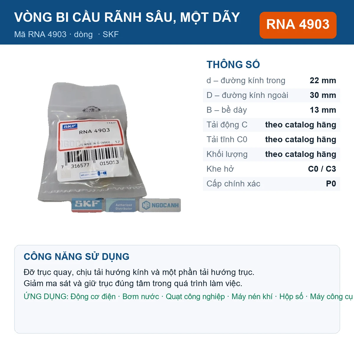 Vòng bi SKF RNA 4903 — kích thước 22x30x13mm