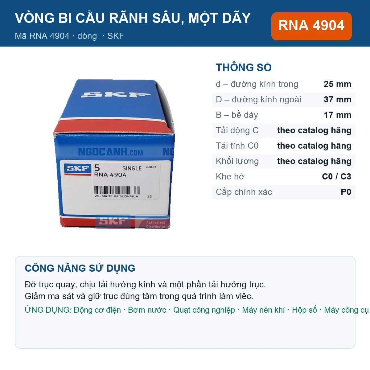 Vòng bi SKF RNA 4904 25x37x17mm — Ảnh đăng sản phẩm (web)