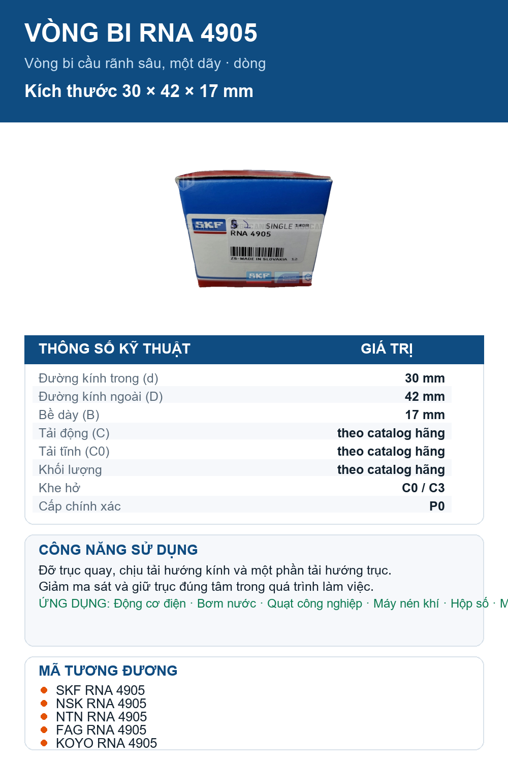 Vòng bi SKF RNA 4905 30x42x17mm — Ảnh thông số (Pinterest)