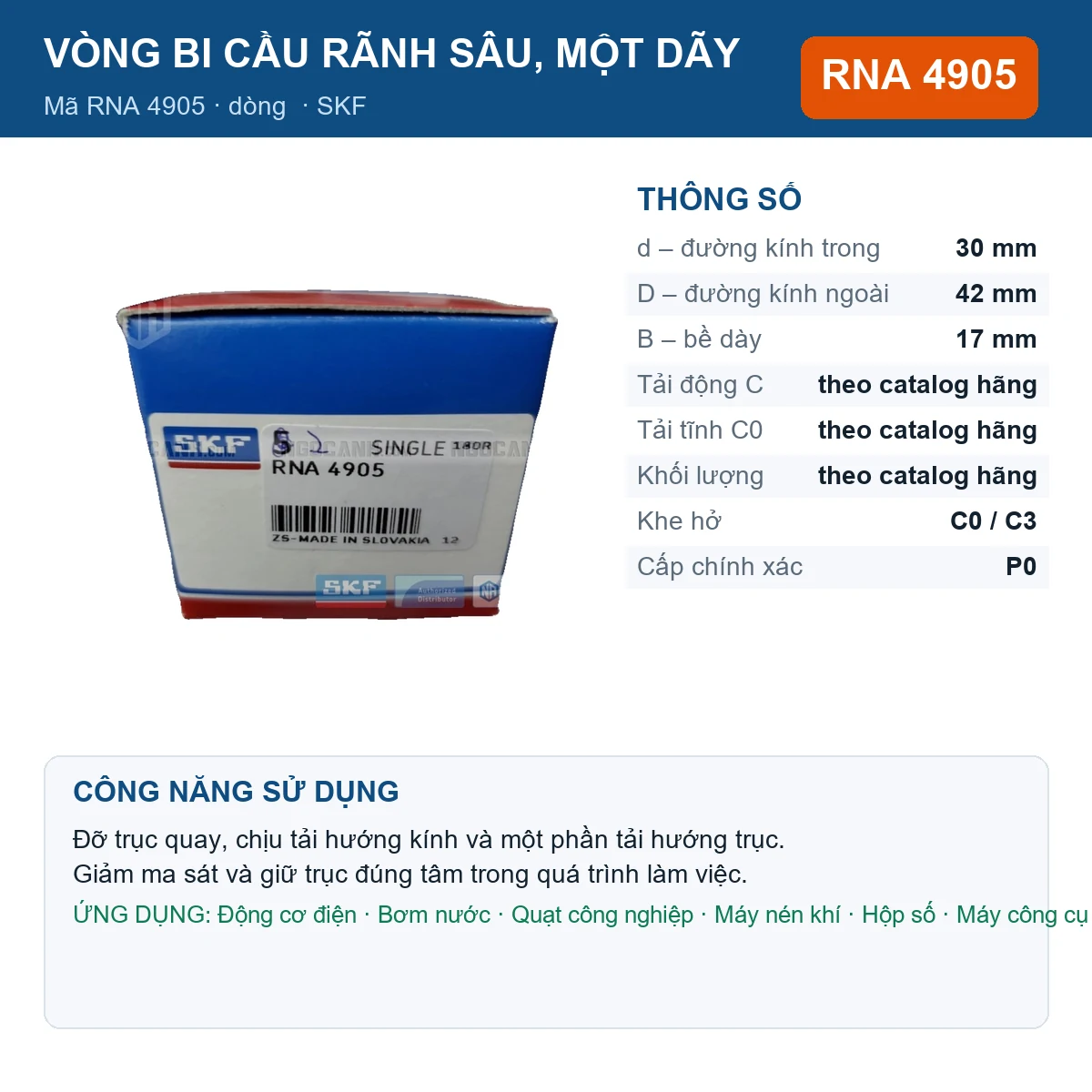 Vòng bi SKF RNA 4905 — kích thước 30x42x17mm