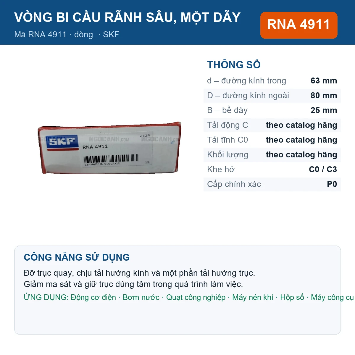 Vòng bi SKF RNA 4911 63x80x25mm — Ảnh đăng sản phẩm (web)