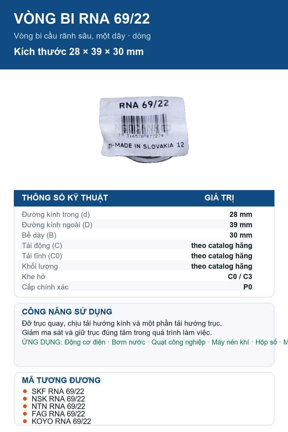 Vòng bi SKF RNA 69/22 28x39x30mm — Ảnh thông số (Pinterest)