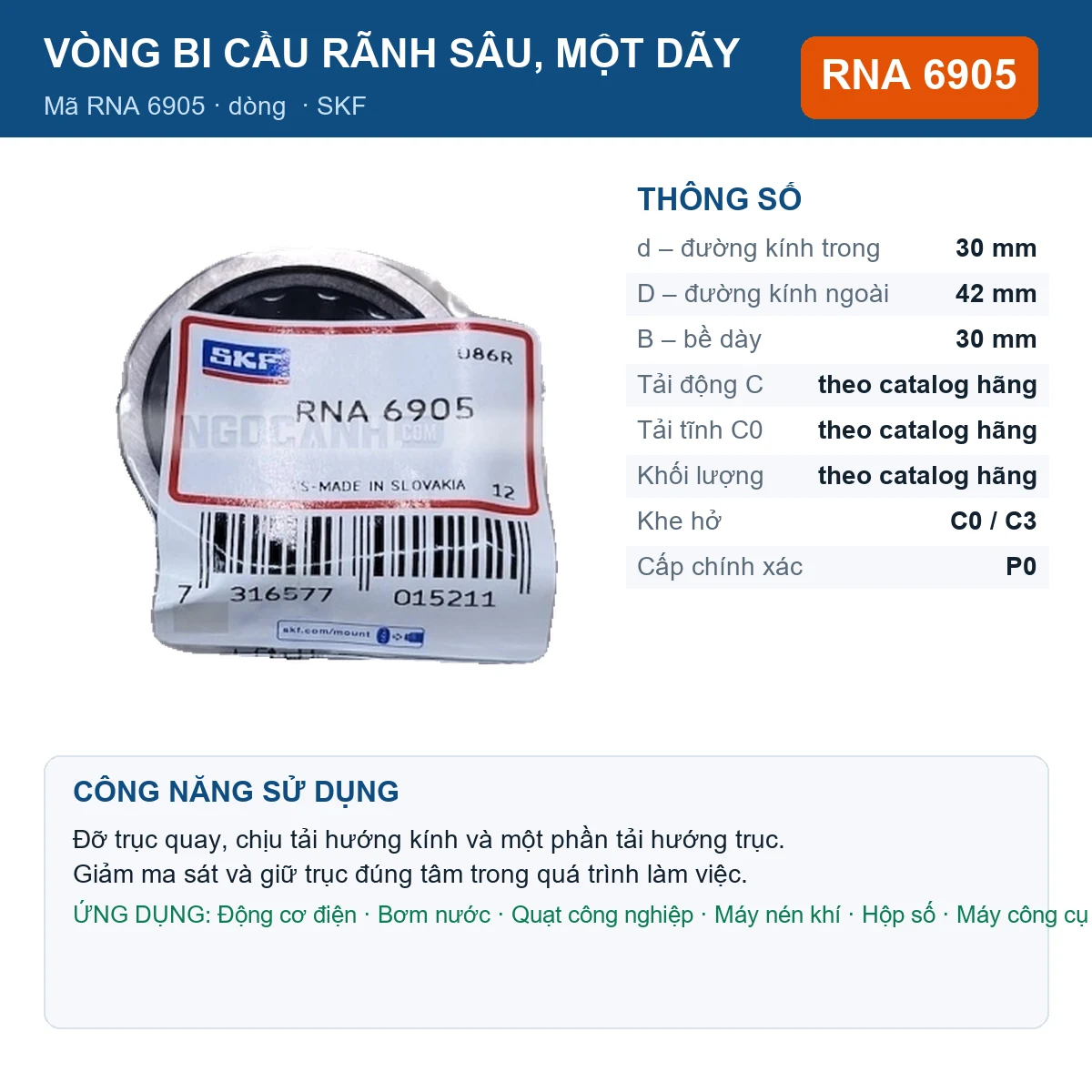 Vòng bi SKF RNA 6905 30x42x30mm — Ảnh đăng sản phẩm (web)