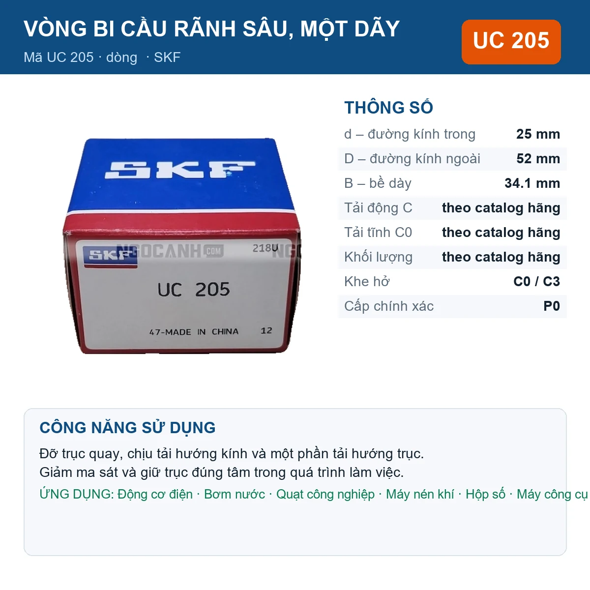 Vòng bi SKF UC 205 25x52x34.1mm — Ảnh đăng sản phẩm (web)