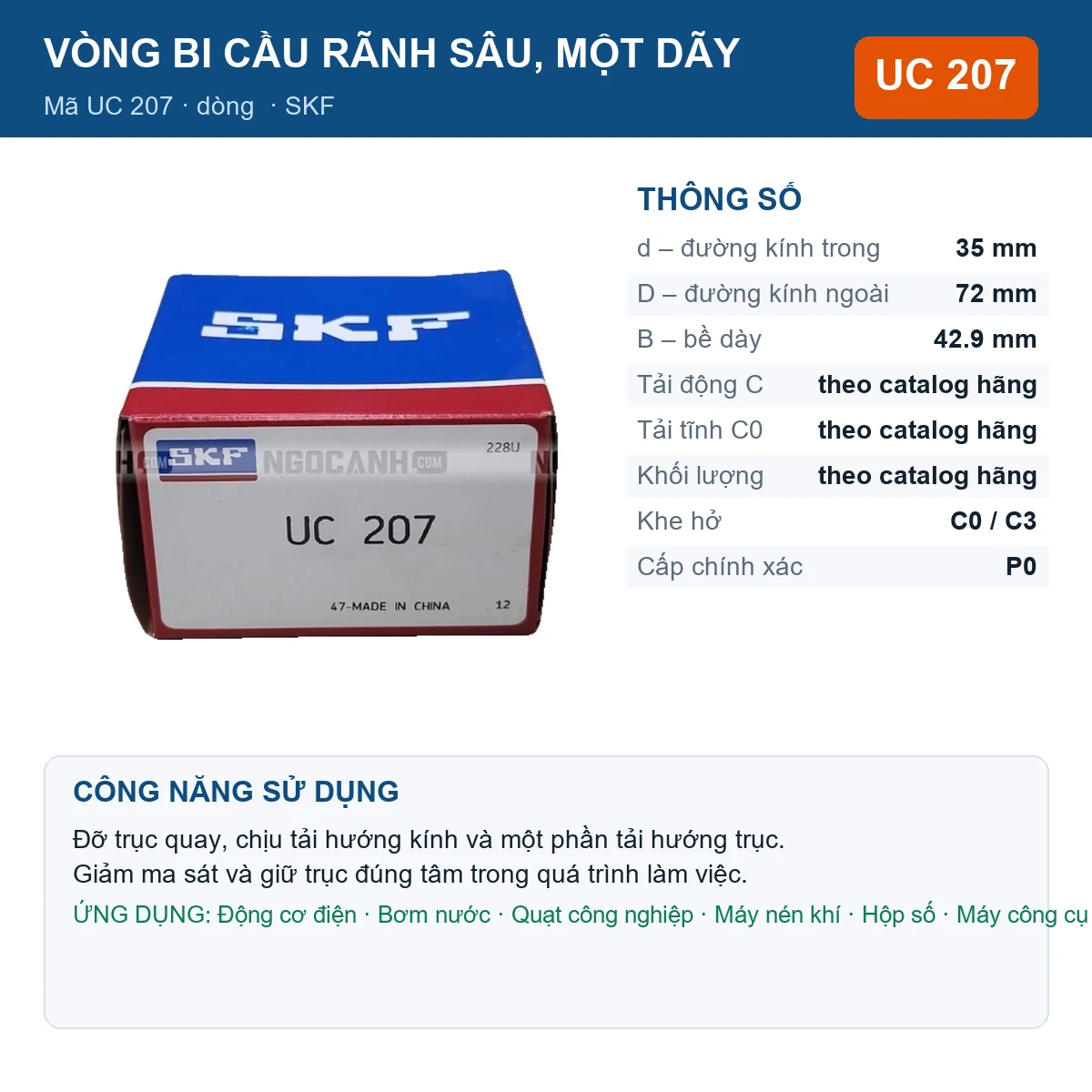 Vòng bi SKF UC 207 35x72x42.9mm — Ảnh đăng sản phẩm (web)