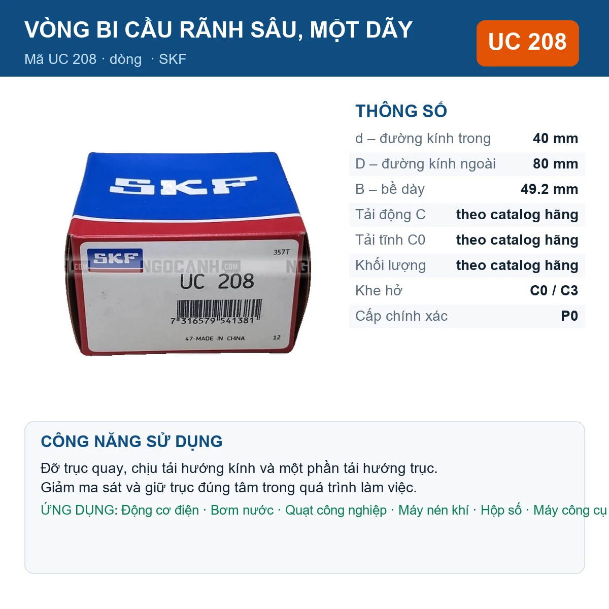 Vòng bi SKF UC 208 40x80x49.2mm — Ảnh đăng sản phẩm (web)