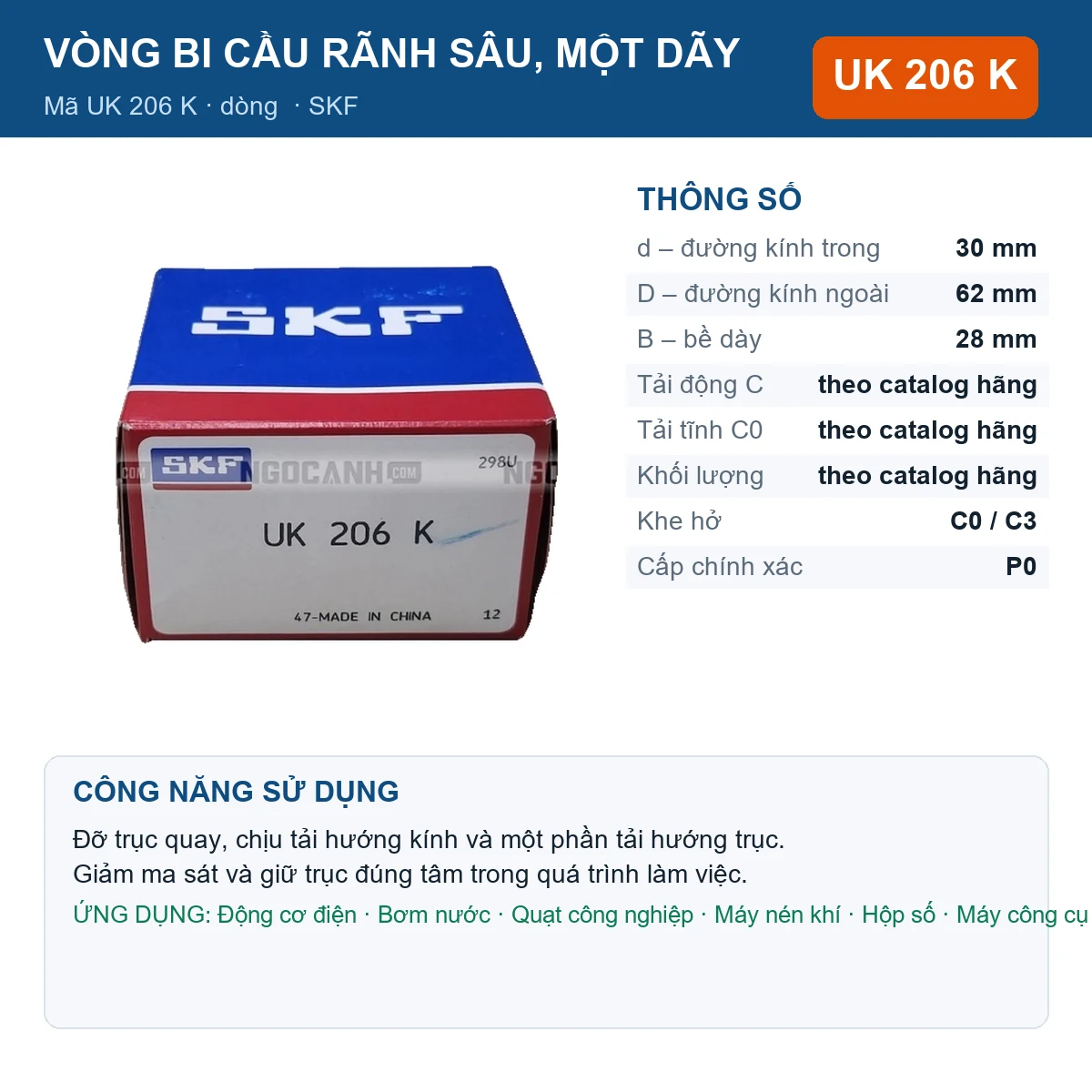 Vòng bi SKF UK 206 K 30x62x28mm — Ảnh đăng sản phẩm (web)