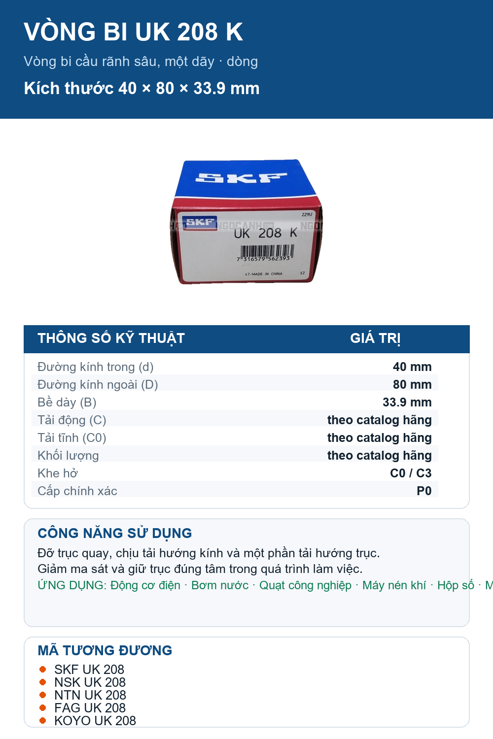 Vòng bi SKF UK 208 K 40x80x33.9mm — Ảnh thông số (Pinterest)