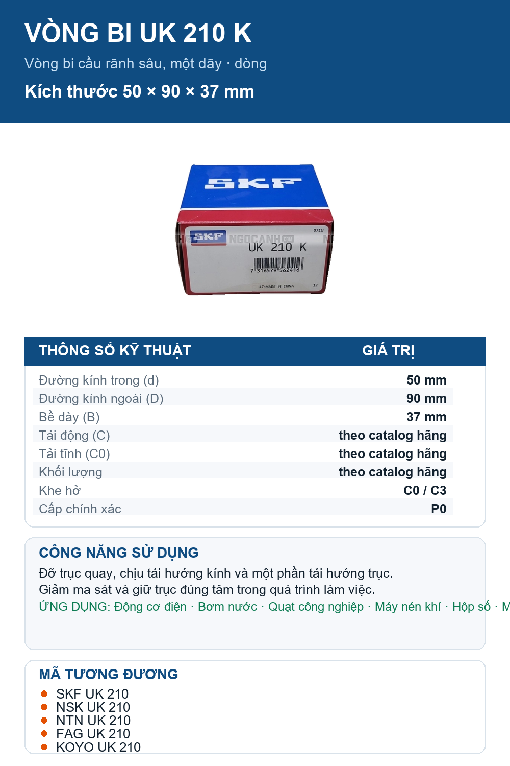 Vòng bi SKF UK 210 K 50x90x37mm — Ảnh thông số (Pinterest)