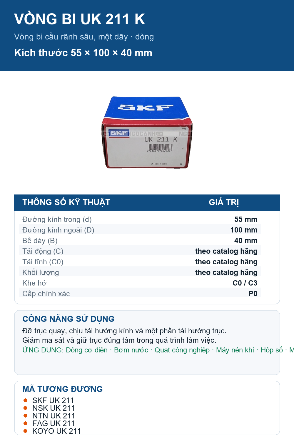 Vòng bi SKF UK 211 K 55x100x40mm — Ảnh thông số (Pinterest)