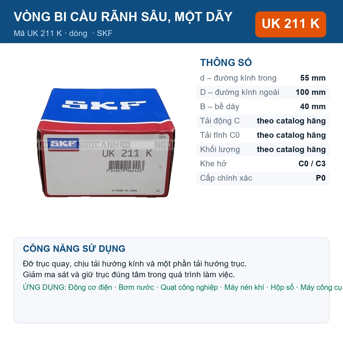Vòng bi SKF UK 211 K 55x100x40mm — Ảnh đăng sản phẩm (web)
