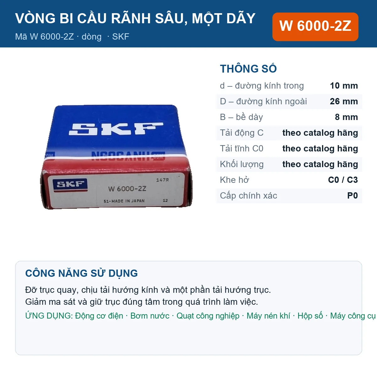 Vòng bi SKF W 6000-2Z 10x26x8mm — Ảnh đăng sản phẩm (web)