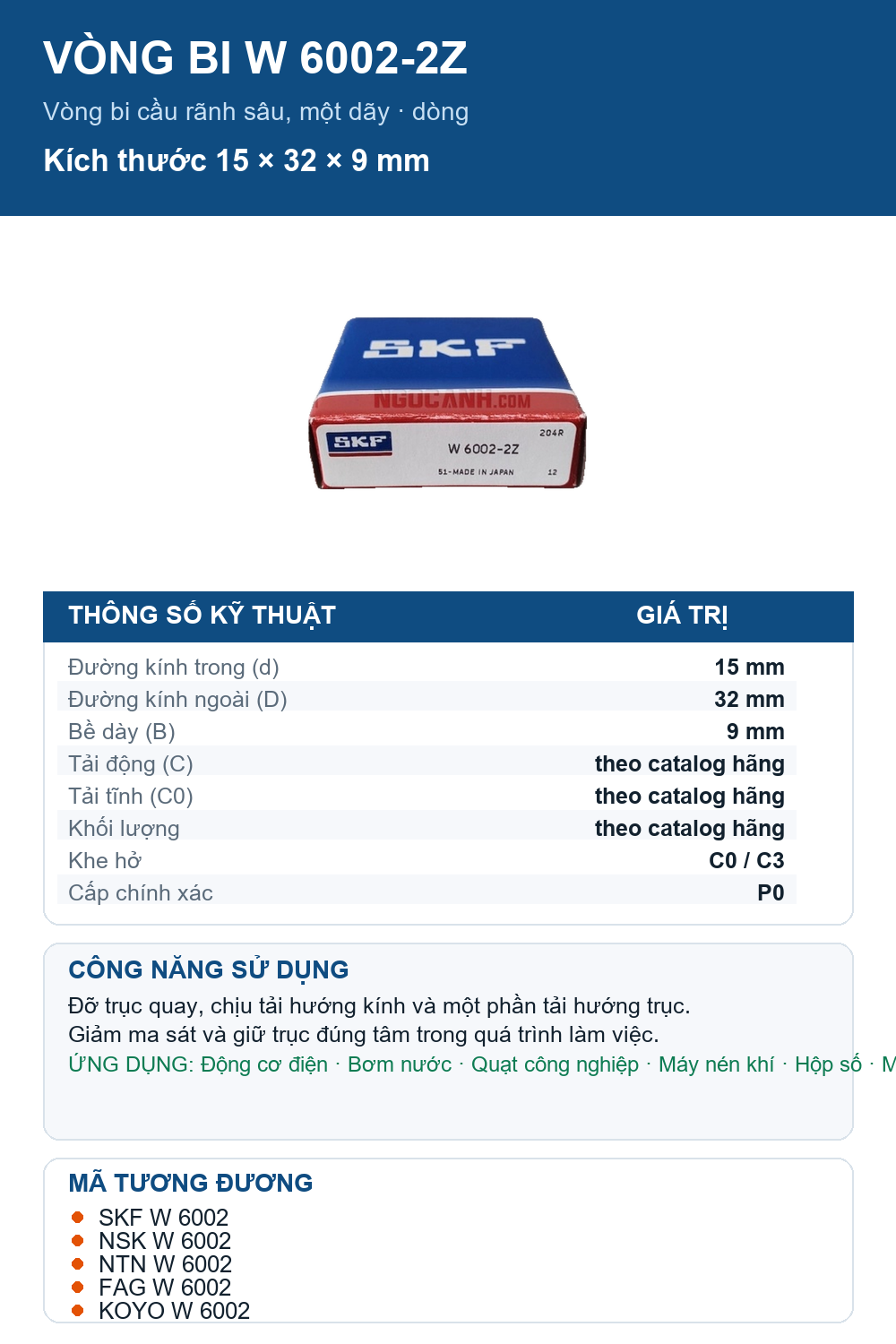 Vòng bi SKF W 6002-2Z 15x32x9mm — Ảnh thông số (Pinterest)