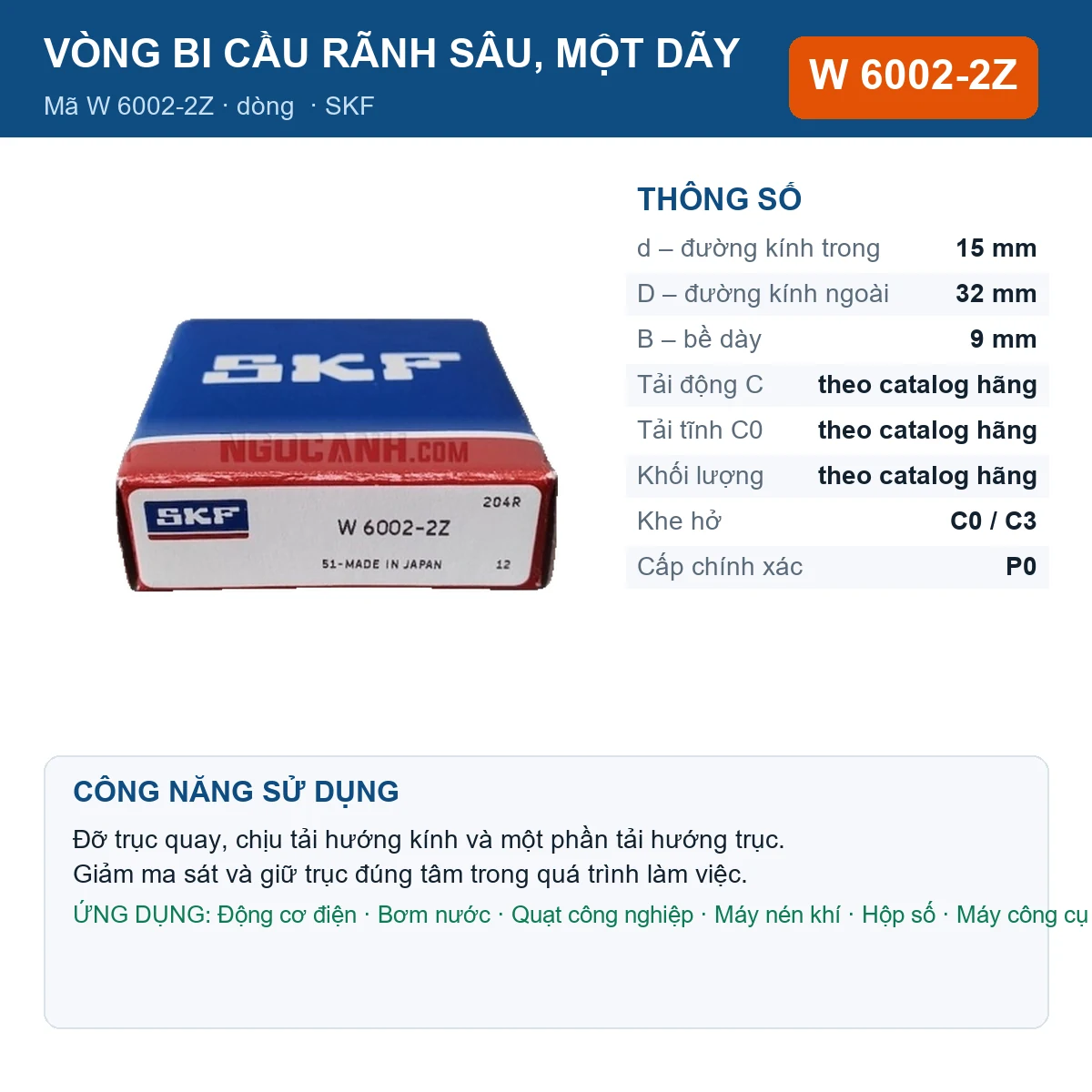 Vòng bi SKF W 6002-2Z 15x32x9mm — Ảnh đăng sản phẩm (web)