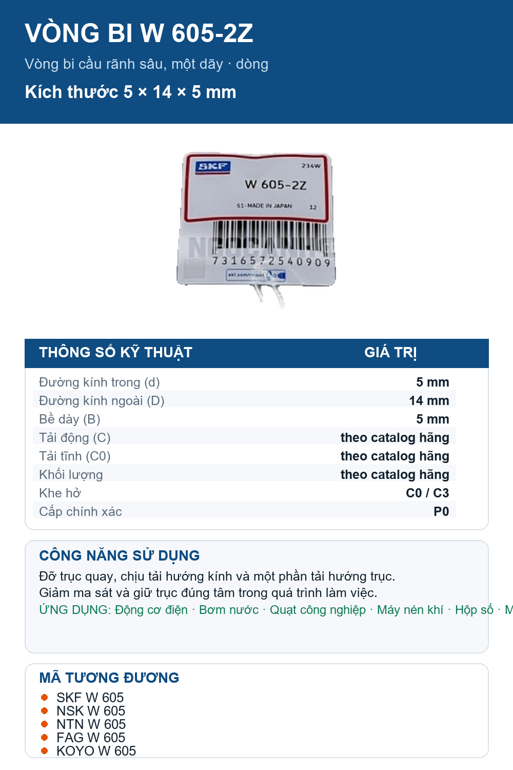 Vòng bi SKF W 605-2Z 5x14x5mm — Ảnh thông số (Pinterest)