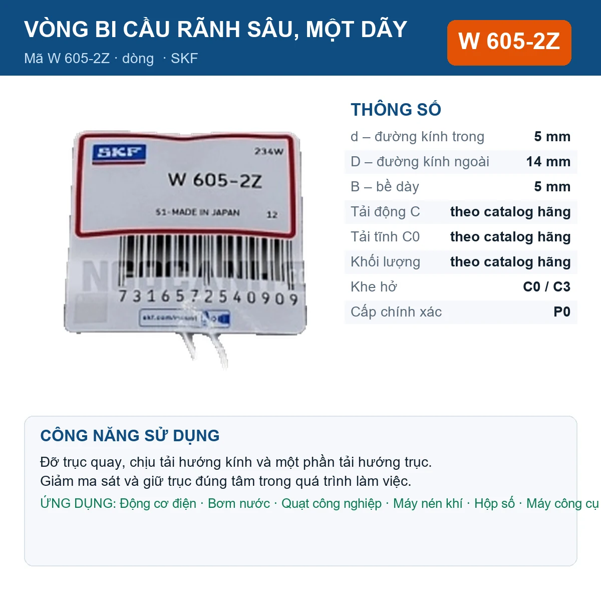 Vòng bi SKF W 605-2Z 5x14x5mm — Ảnh đăng sản phẩm (web)