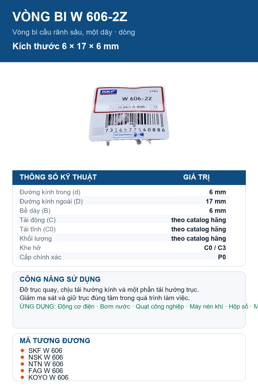 Vòng bi SKF W 606-2Z 6x17x6mm — Ảnh thông số (Pinterest)