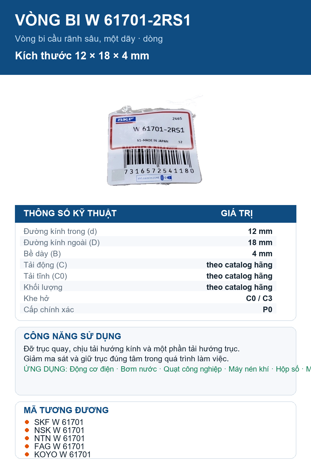 Vòng bi SKF W 61701-2RS1 12x18x4mm — Ảnh thông số (Pinterest)