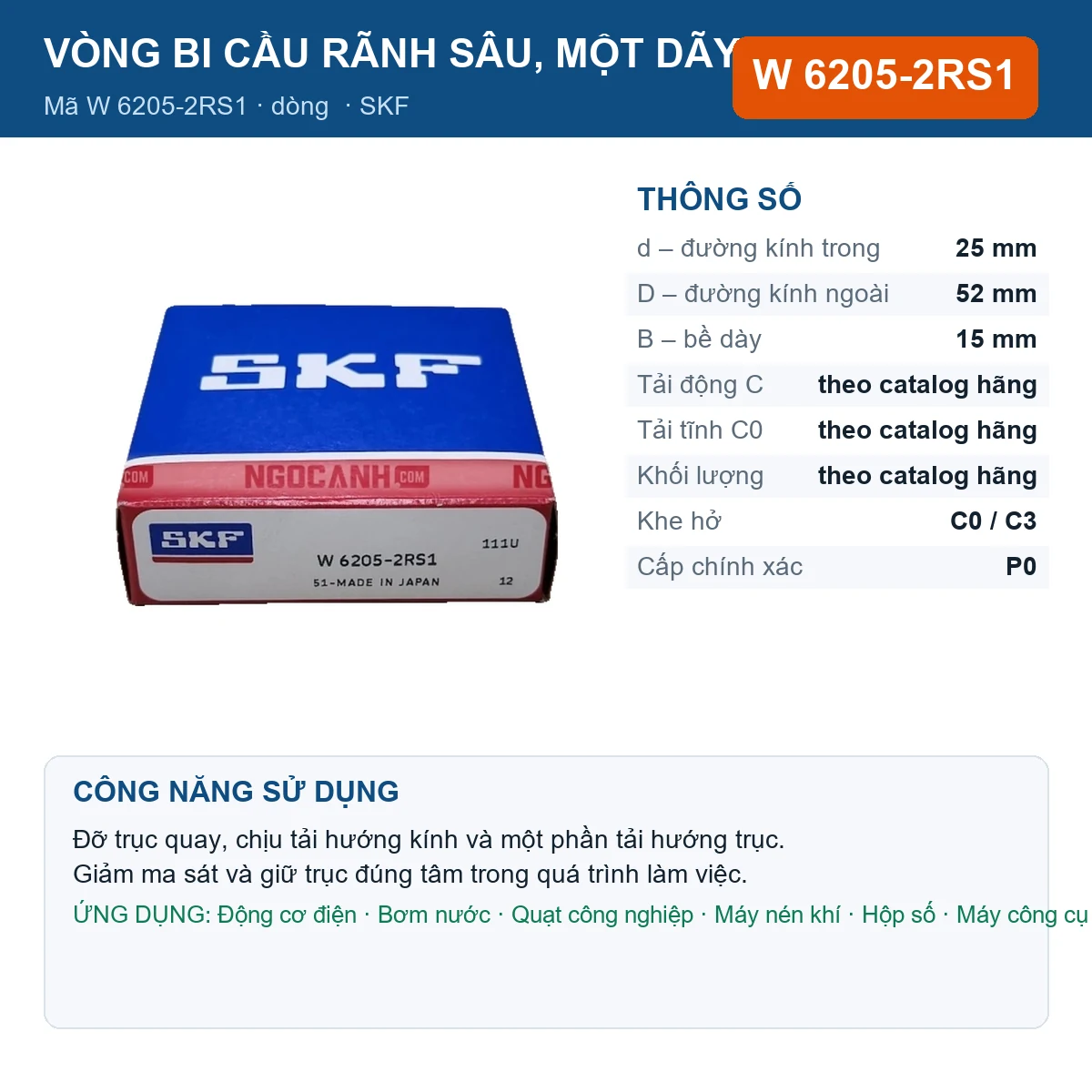 Vòng bi SKF W 6205-2RS1 25x52x15mm — Ảnh đăng sản phẩm (web)