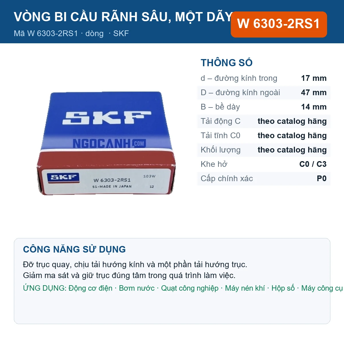 Vòng bi SKF W 6303-2RS1 17x47x14mm — Ảnh đăng sản phẩm (web)