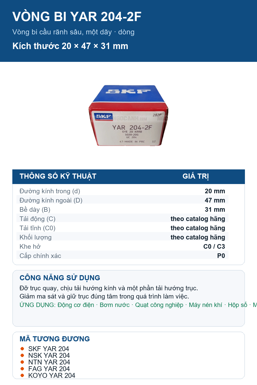 Vòng bi SKF YAR 204-2F 20x47x31mm — Ảnh thông số (Pinterest)