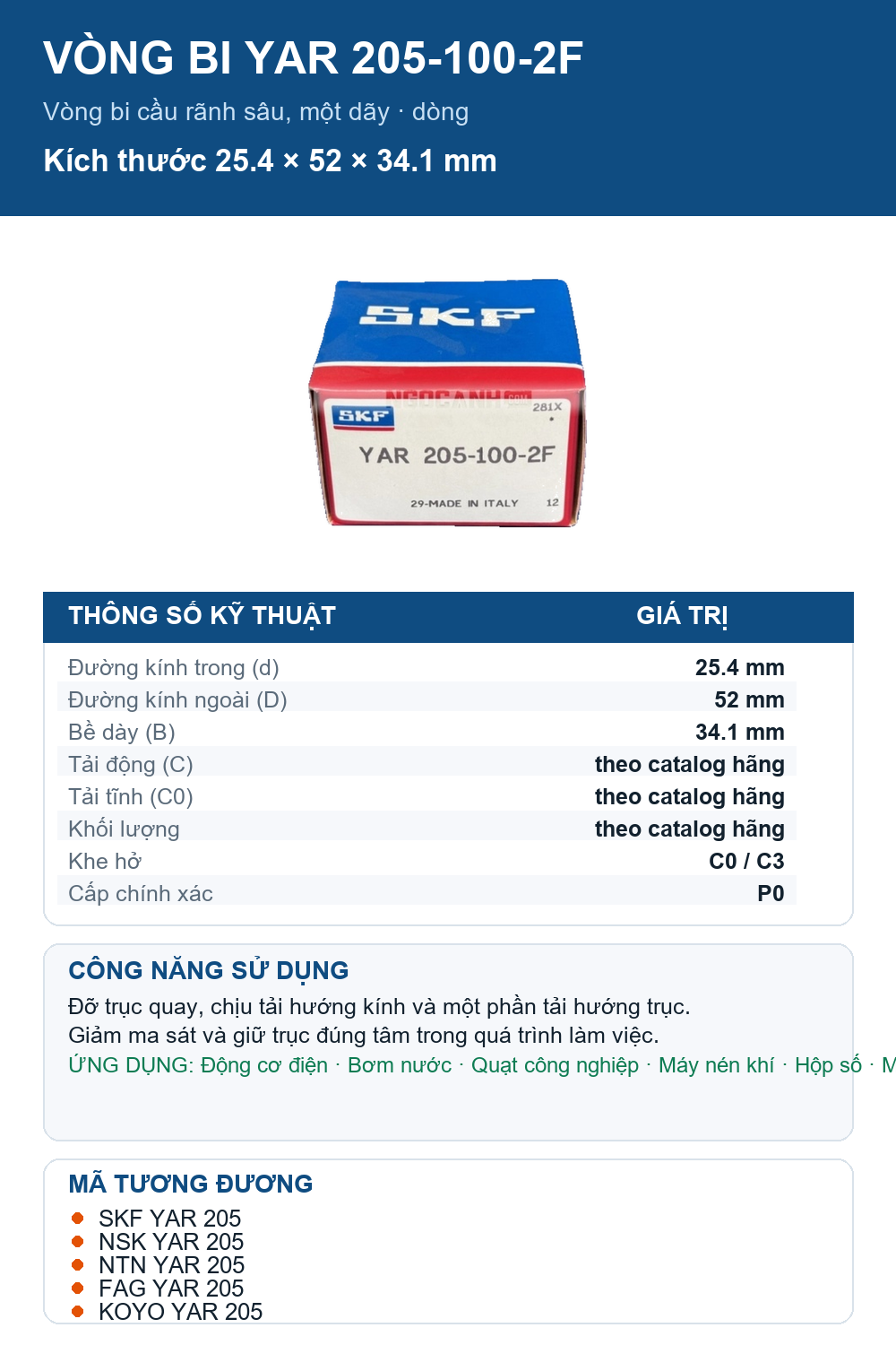 Vòng bi SKF YAR 205-100-2F 25.4x52x34.1mm — Ảnh thông số (Pinterest)