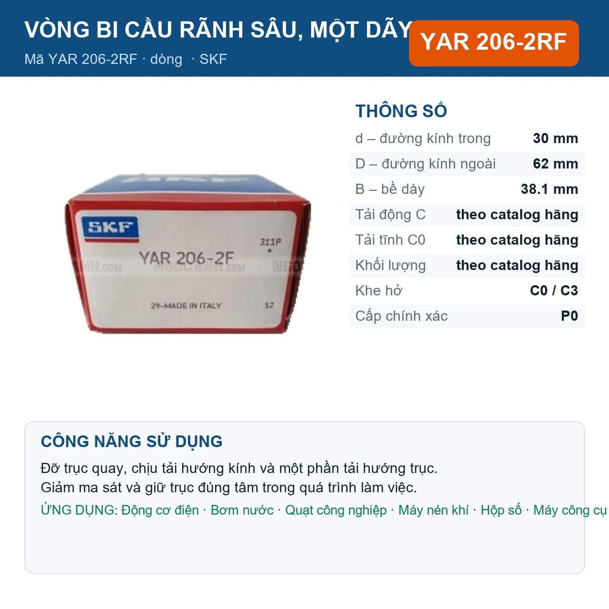 Vòng bi SKF YAR 206-2RF 30x62x38.1mm — Ảnh đăng sản phẩm (web)