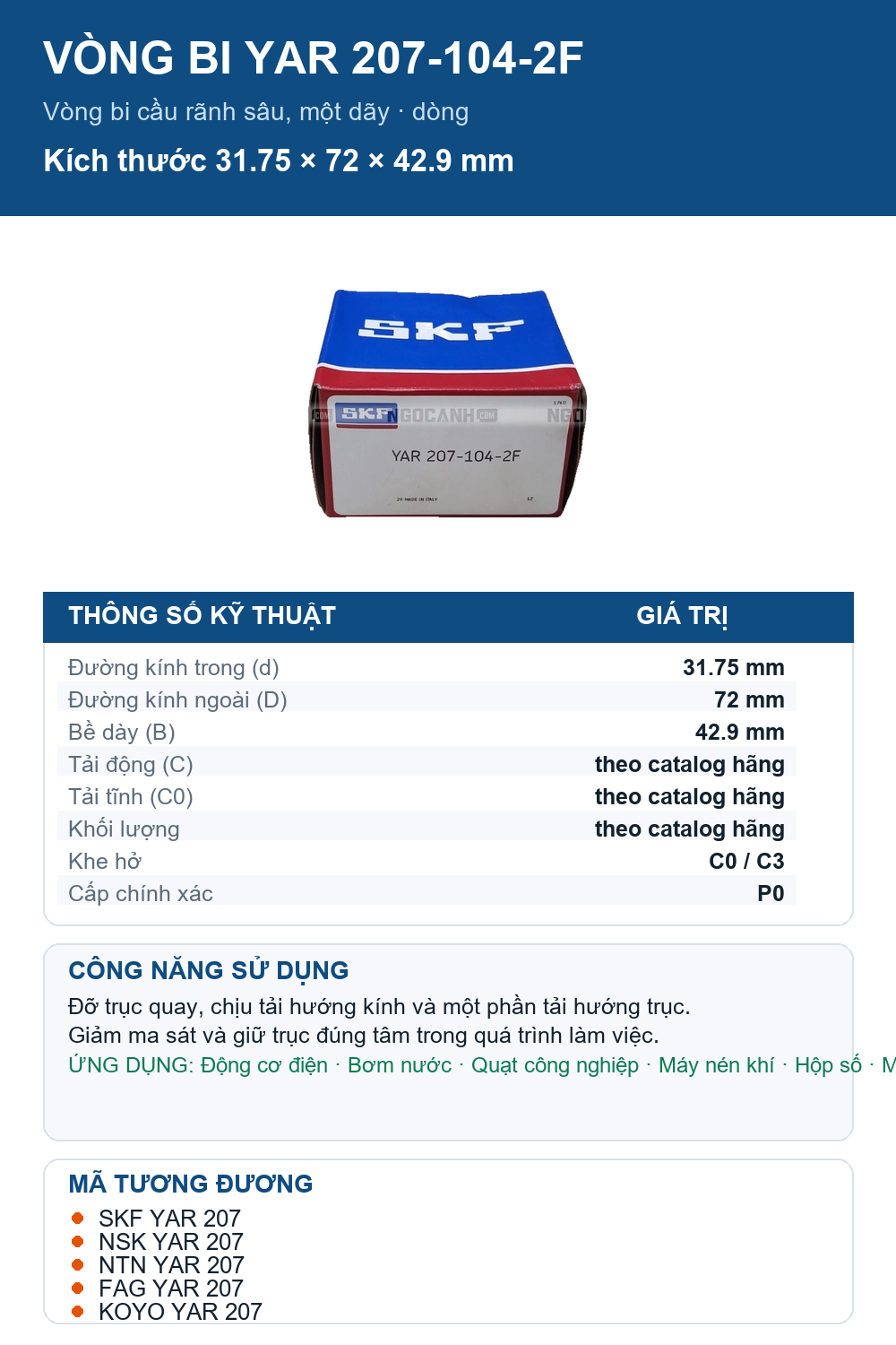 Vòng bi SKF YAR 207-104-2F 31.75x72x42.9mm — Ảnh thông số (Pinterest)