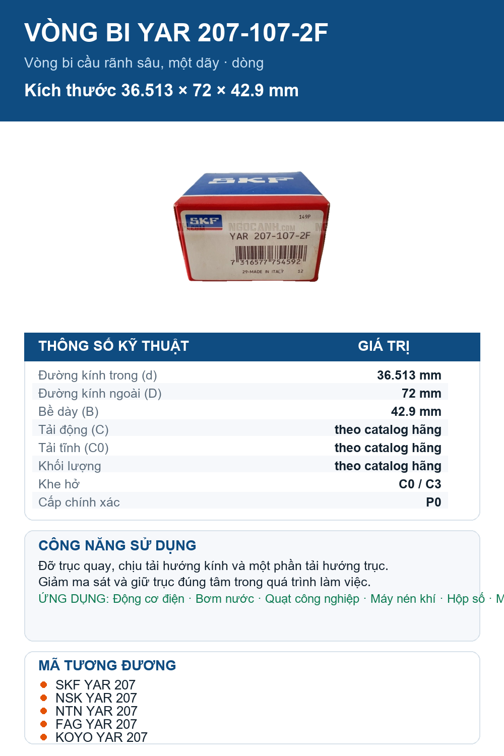 Vòng bi SKF YAR 207-107-2F 36.513x72x42.9mm — Ảnh thông số (Pinterest)