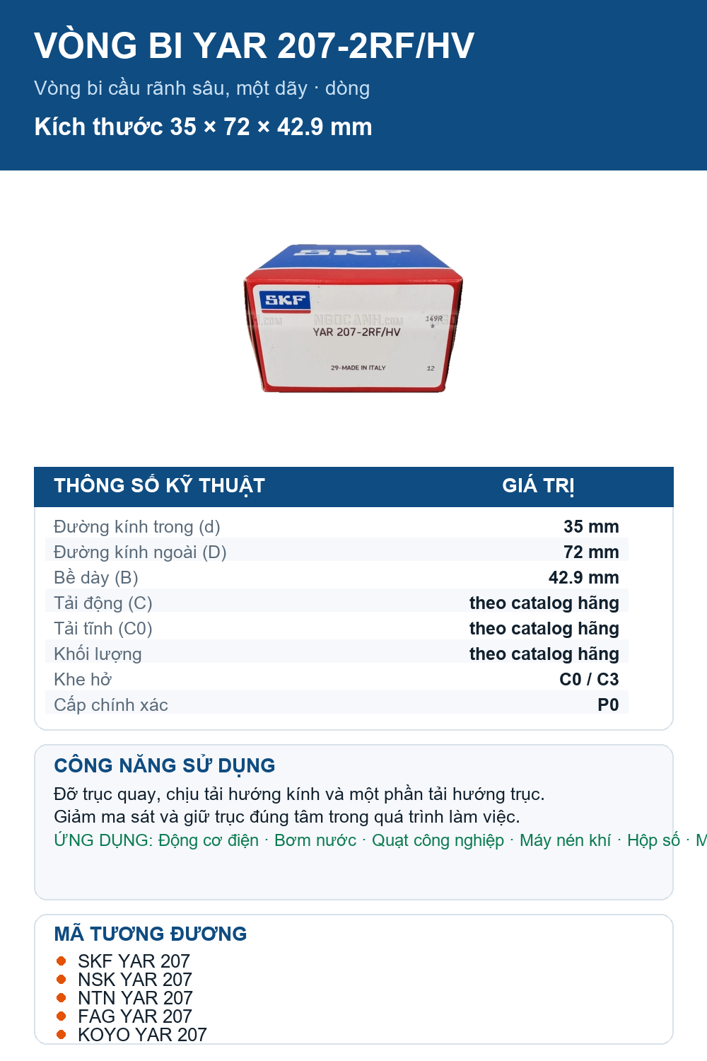 Vòng bi SKF YAR 207-2RF/HV 35x72x42.9mm — Ảnh thông số (Pinterest)