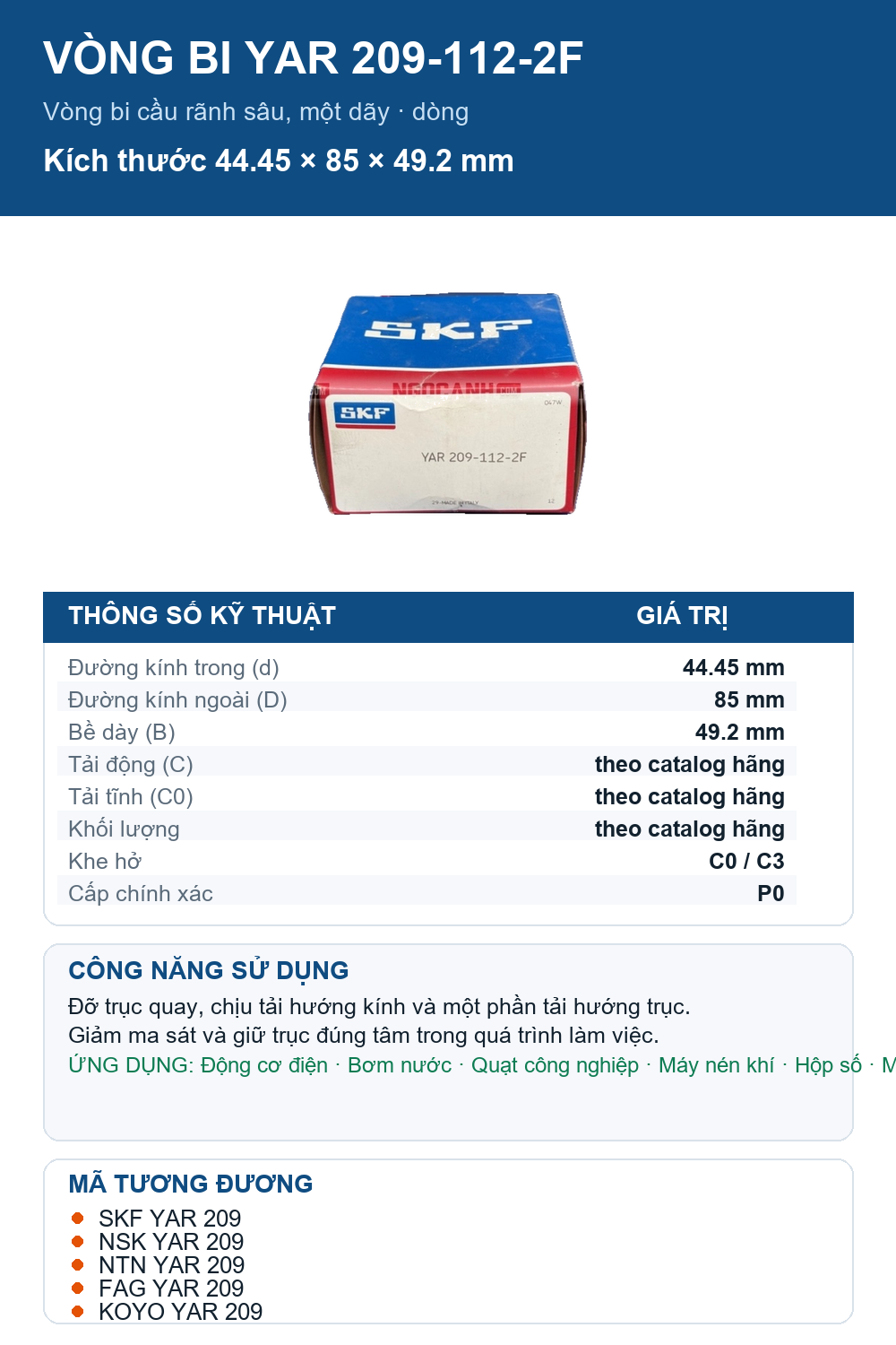 Vòng bi SKF YAR 209-112-2F 44.45x85x49.2mm — Ảnh thông số (Pinterest)