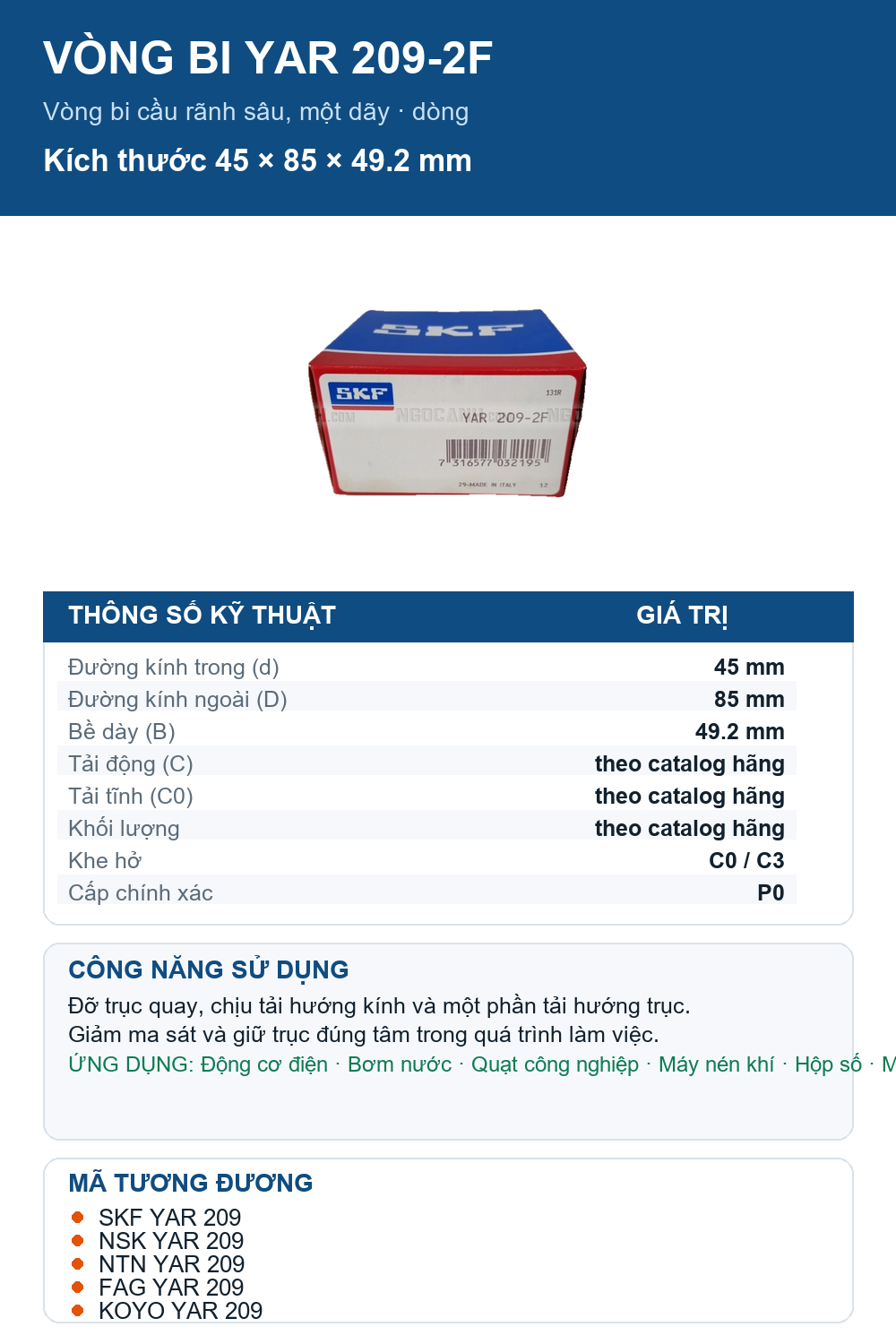 Vòng bi SKF YAR 209-2F 45x85x49.2mm — Ảnh thông số (Pinterest)