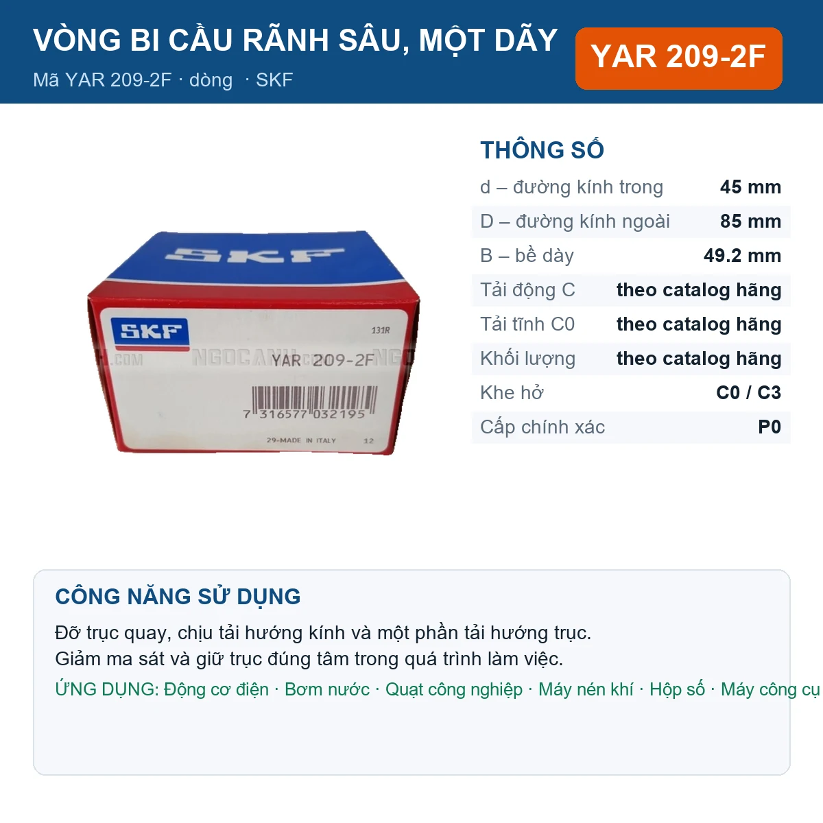 Vòng bi SKF YAR 209-2F 45x85x49.2mm — Ảnh đăng sản phẩm (web)